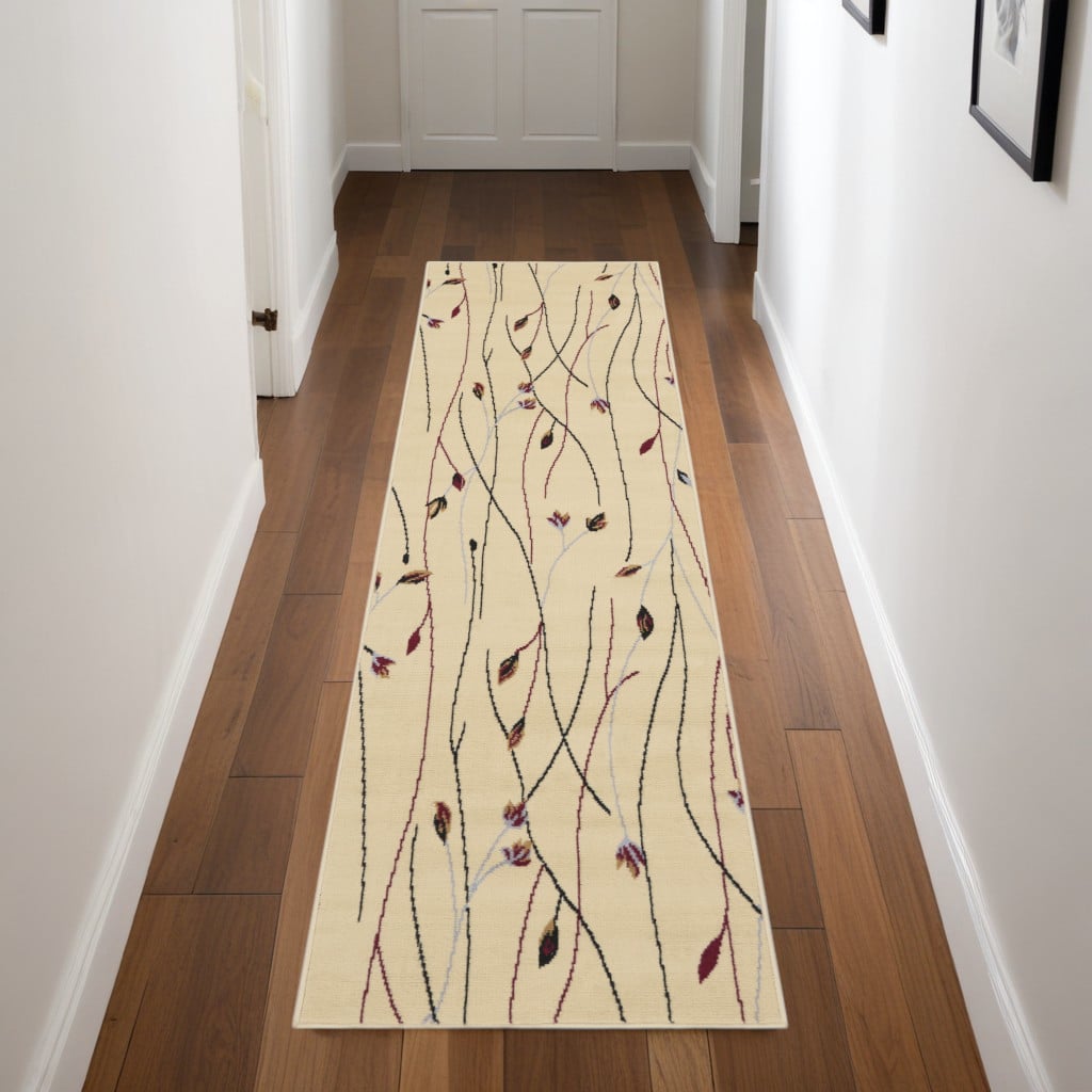 545403 8 ft. Floral Power Loom Runner Rug, Beige & Black