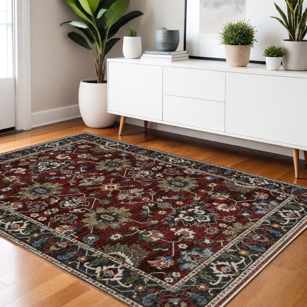 574907 4 x 6 ft. Oriental Rectangle Area Rug with Fringe, Red, Blue & Charcoal