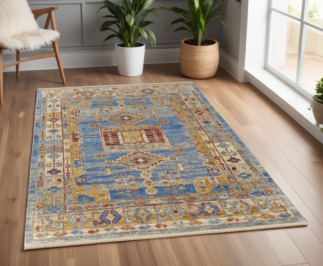 567084 4 x 6 ft. Wool Geometric Hand Knotted Rectangle Area Rug with Fringe, Blue, Red & Yellow