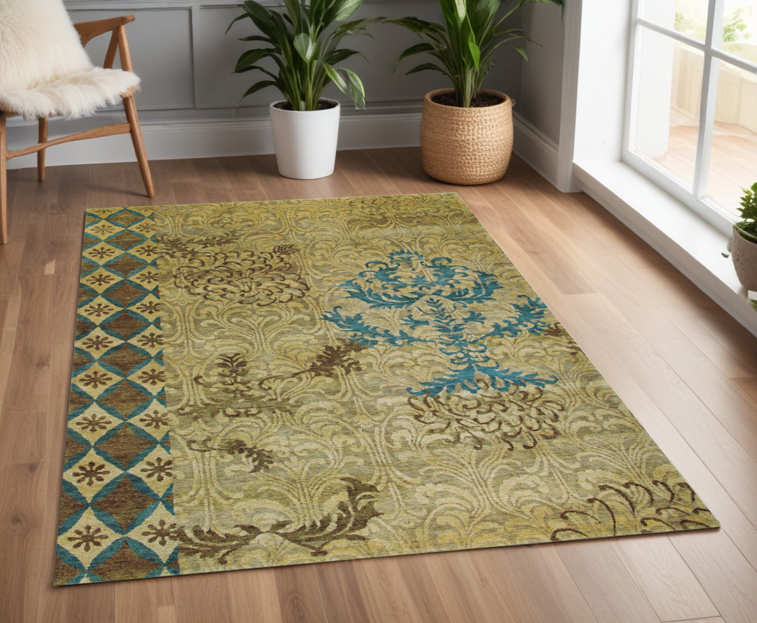 565533 4 x 6 ft. Floral Hand Knotted Rectangle Area Rug, Tan, Blue & Brown
