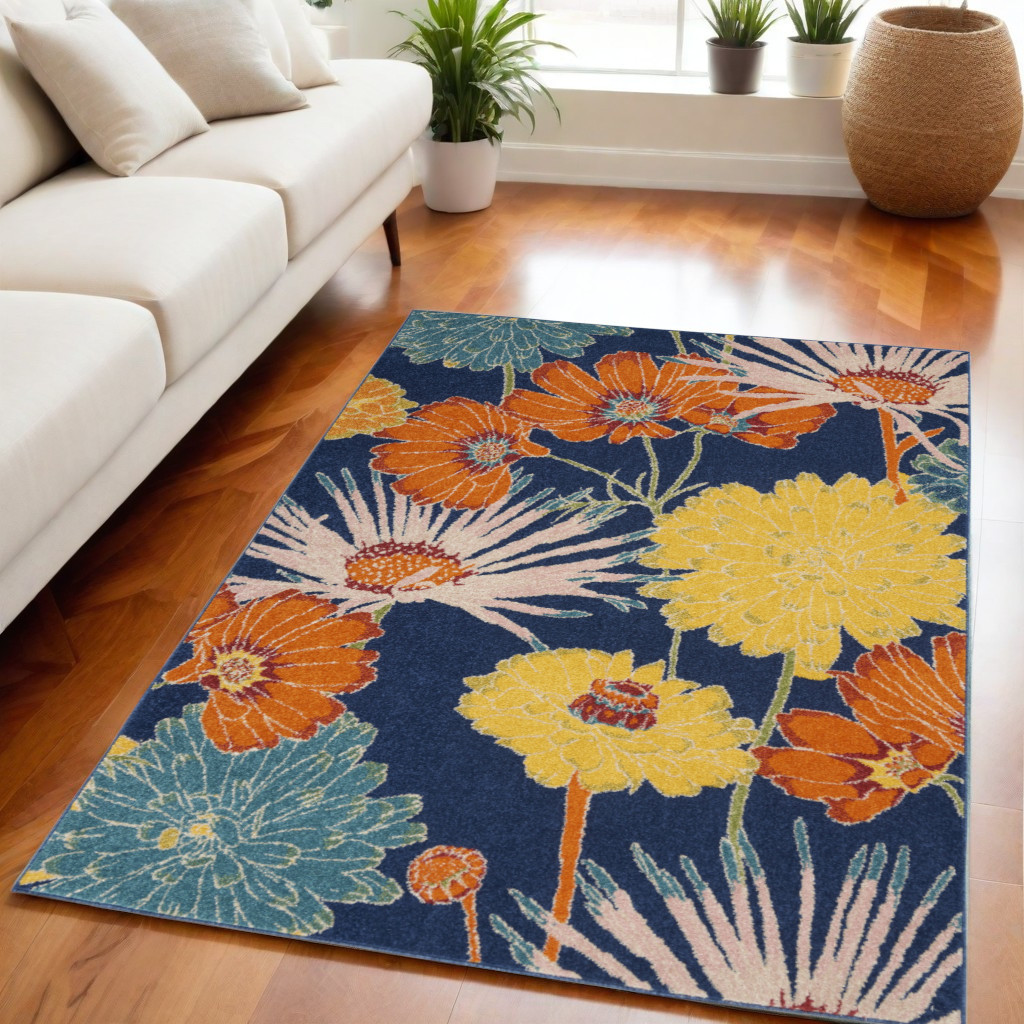 556196 5 x 7 ft. Floral Power Loom Rectangle Area Rug, Blue
