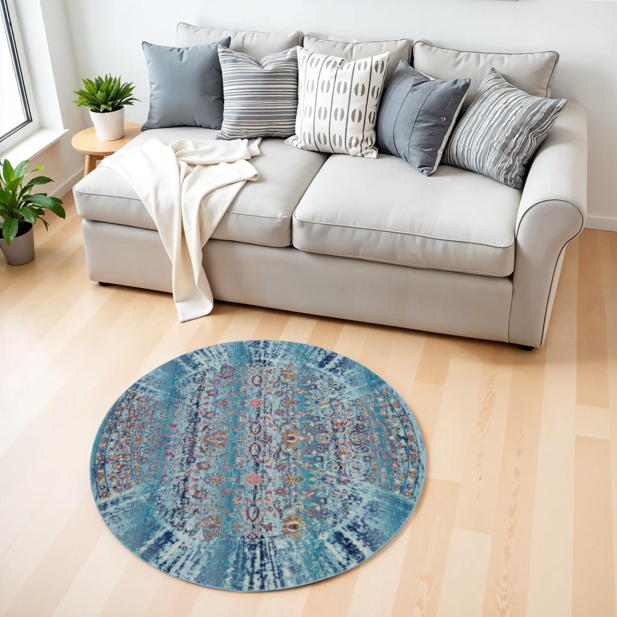552444 4 ft. Floral Distressed Round Rug, Blue, Red & Orange