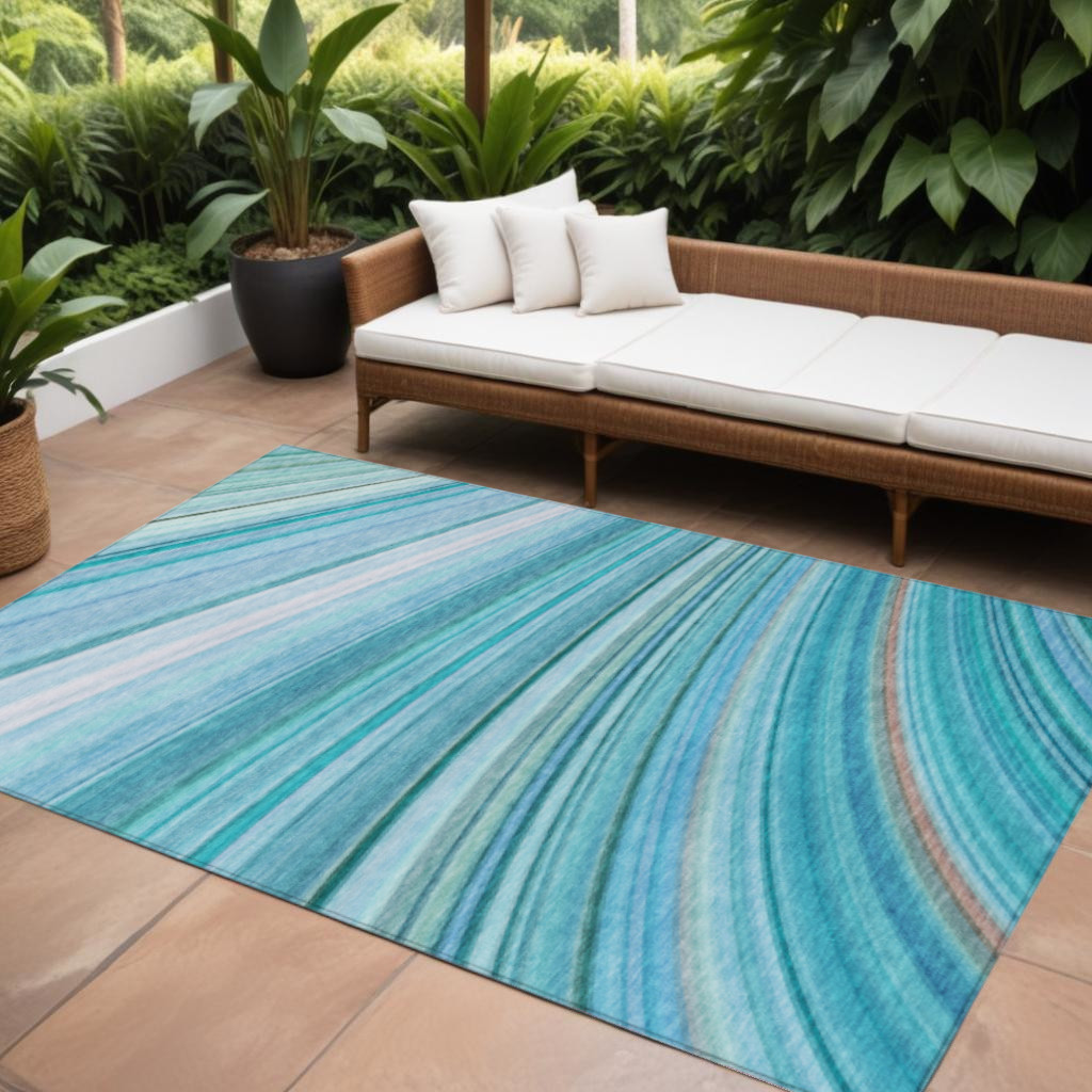 577346 8 x 10 ft. Abstract Washable Indoor & Outdoor Rectangle Area Rug, Teal Blue, Aqua & Blue