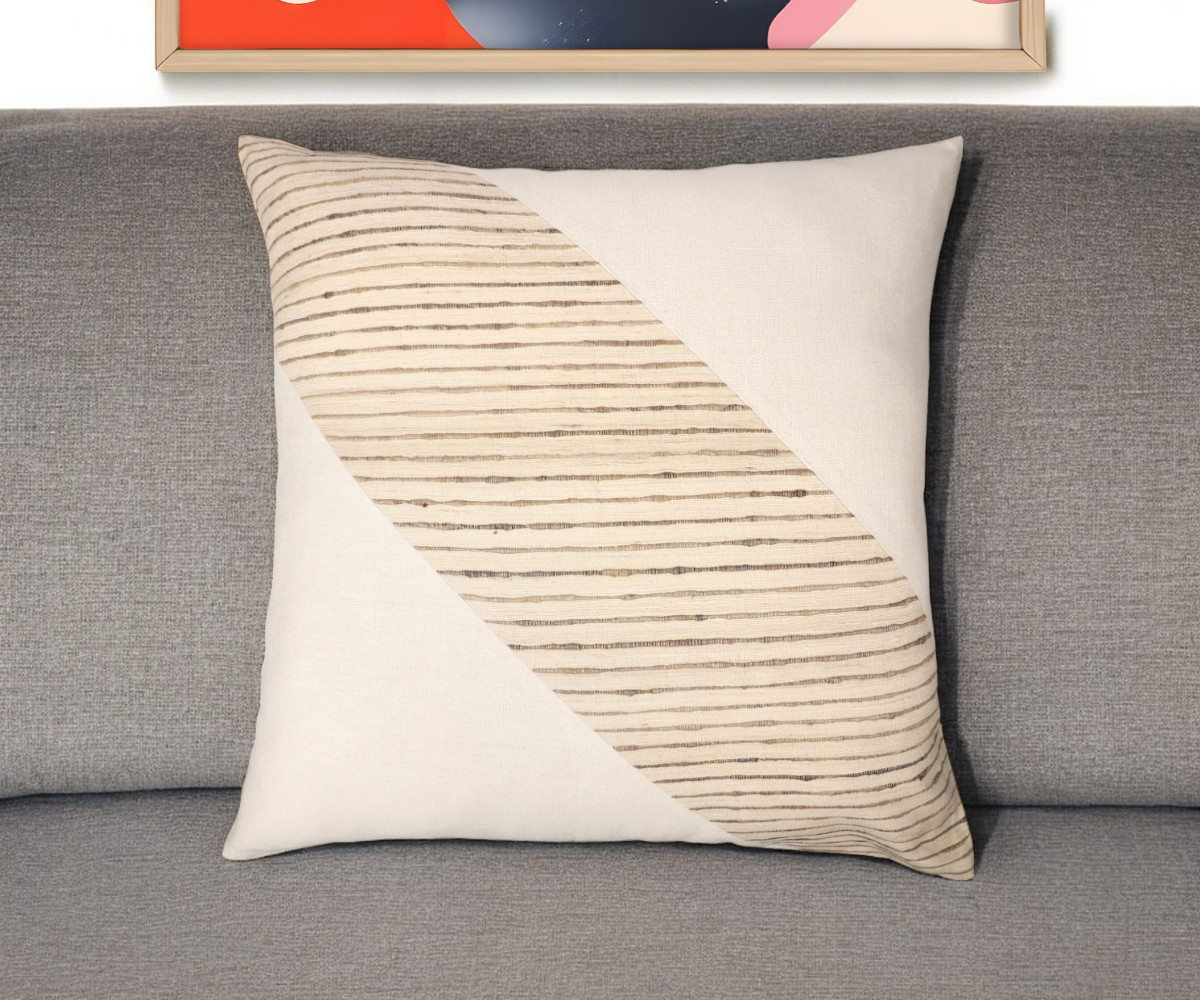 549444 24 in. Beige & White Geometric Silk Throw Pillow with Embroidery