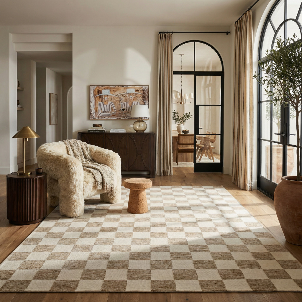 534414 8 x 11 ft. Checkered Power Loom Rectangle Area Rug, Beige & Brown
