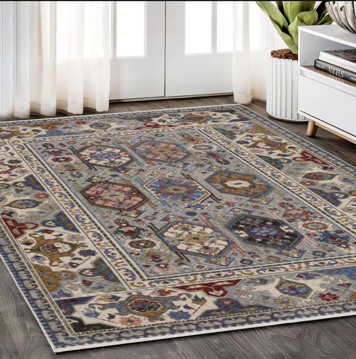 574935 5 x 8 ft. Oriental Rectangle Area Rug with Fringe, Blue & Gray