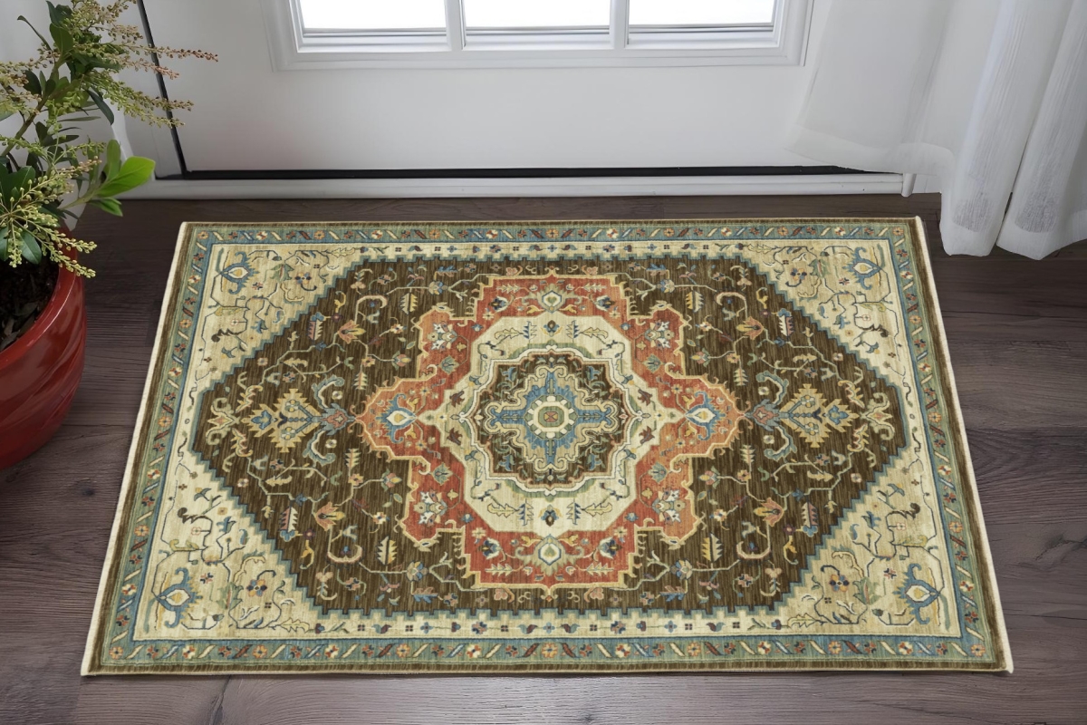 Oriental Rectangle Area Rug - Brown & Orange - 2 x 3 ft - Stain Resistant