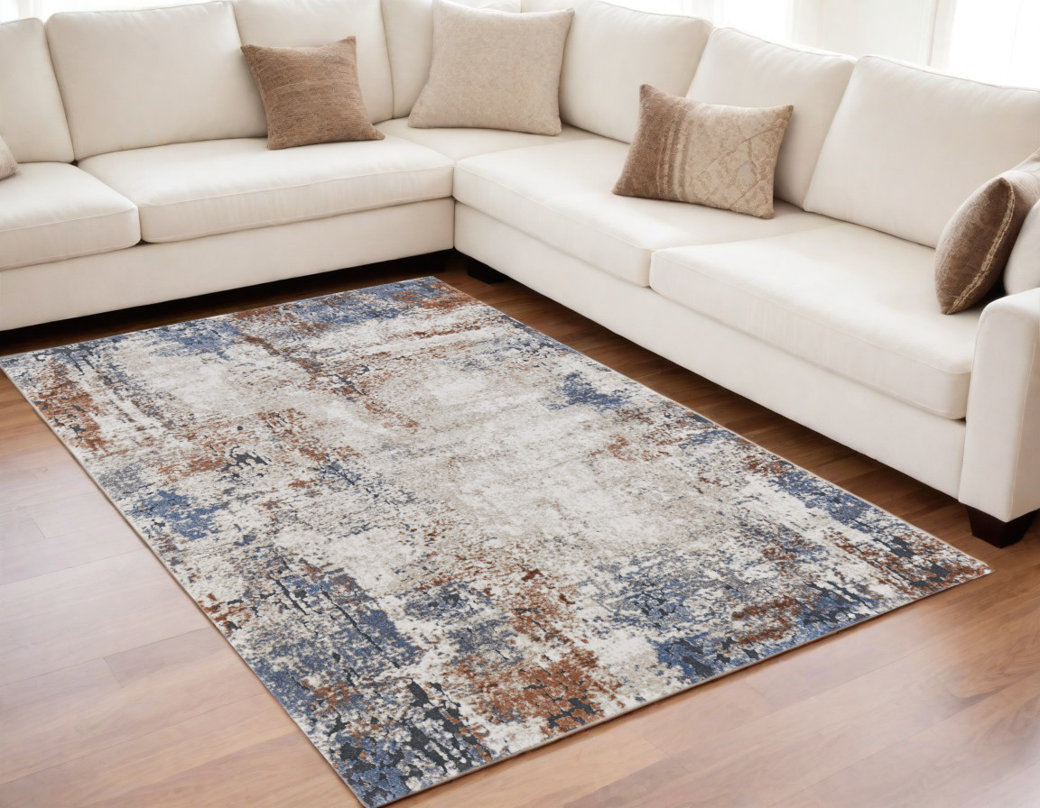 567223 5 x 8 ft. Abstract Power Loom Worn Faded Rectangle Area Rug, Blue, Gray & Brown