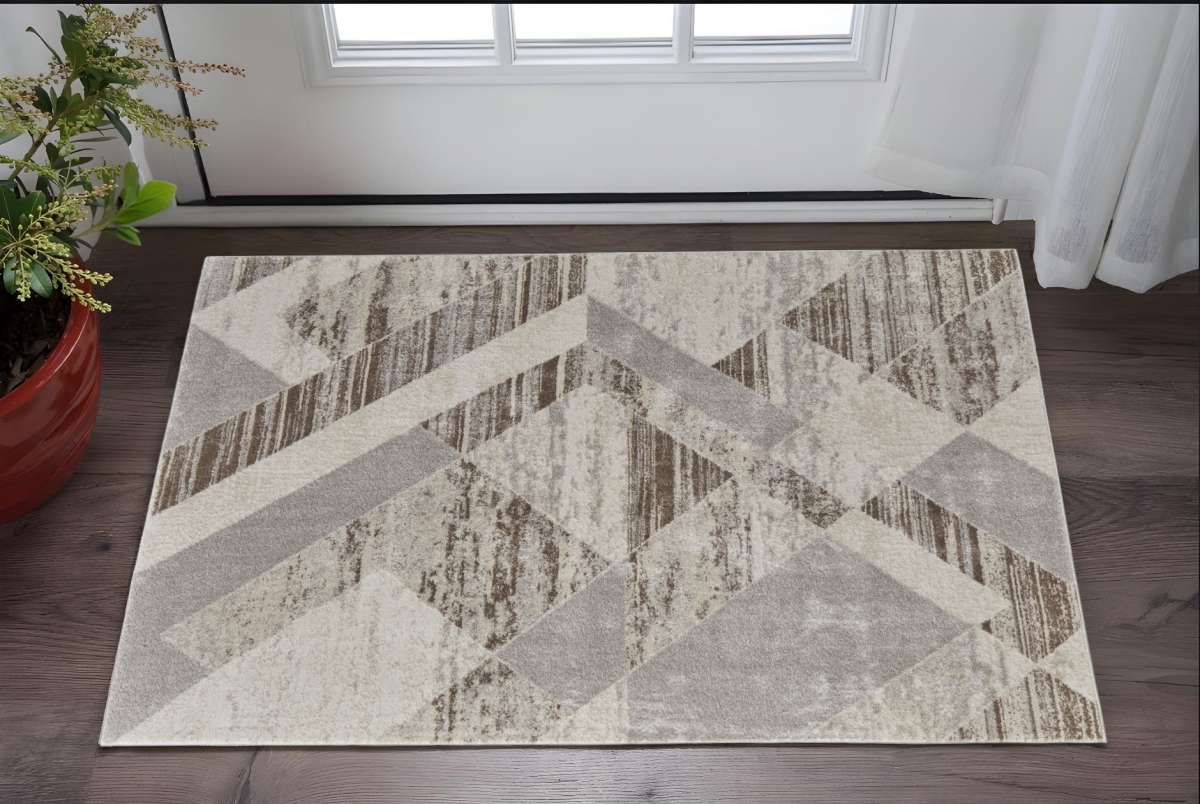 567818 2 x 3 ft. Geometric Power Loom Rectangle Area Rug, Ivory, Gray & Brown