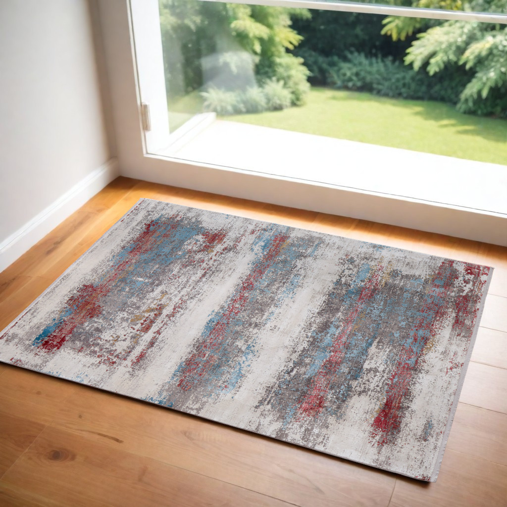 566052 3 x 5 ft. Abstract Power Loom Rectangle Area Rug with Fringe, Gray, Blue & Red