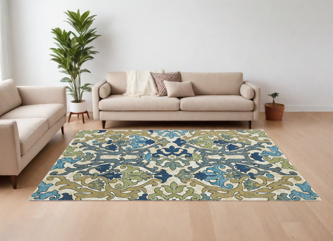 565652 7 x 10 ft. Floral Power Loom Rectangle Area Rug, Green, Gray & Tan