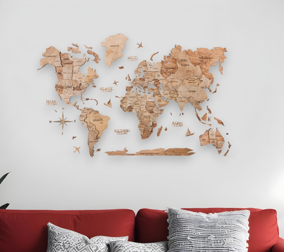 Picture of HomeRoots 521587 35 x 59 in. Wood Brown World Map Hanging Dimensional Sculpture