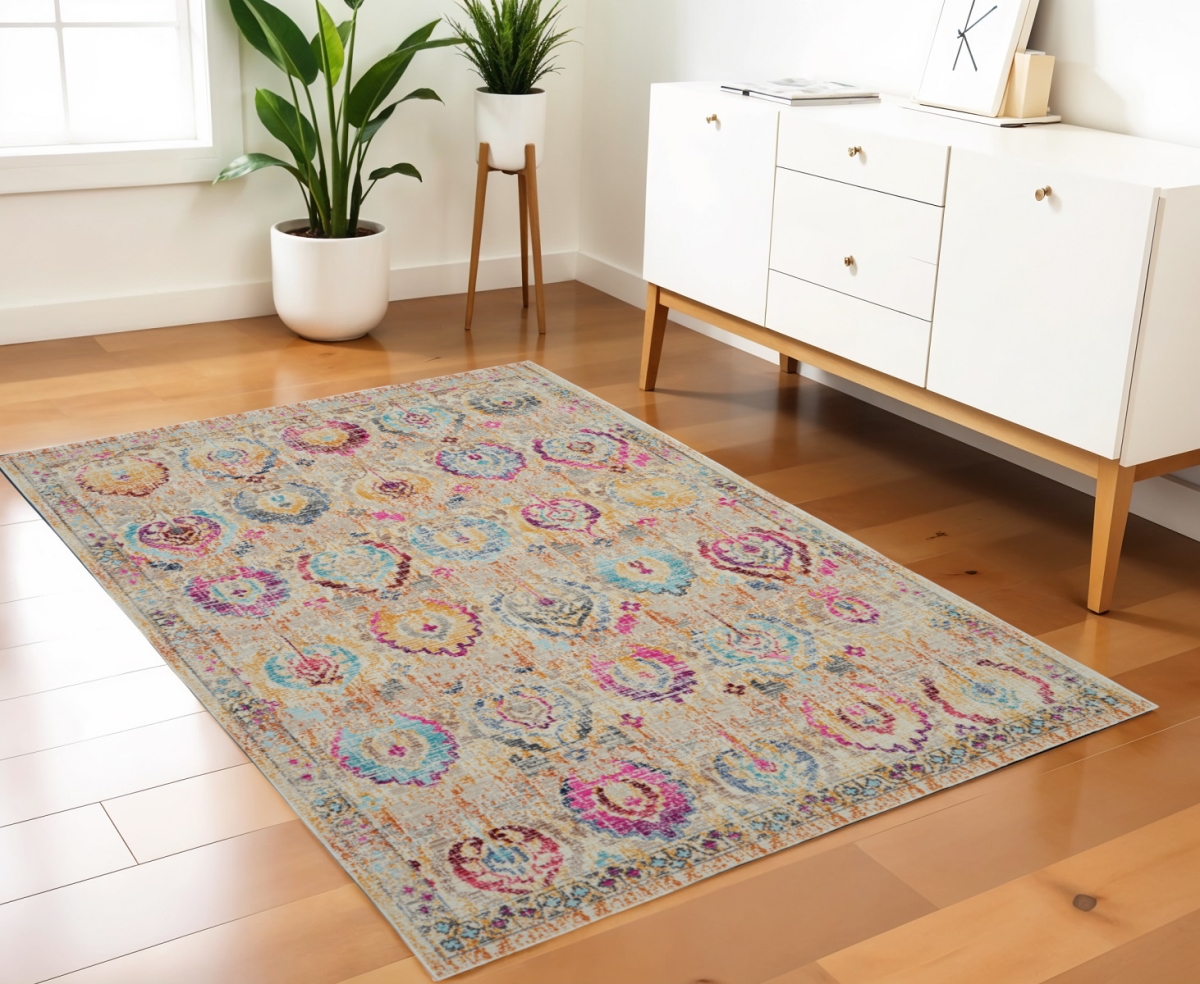 553363 4 x 6 ft. Floral Distressed Rectangle Area Rug, Ivory, Pink & Orange
