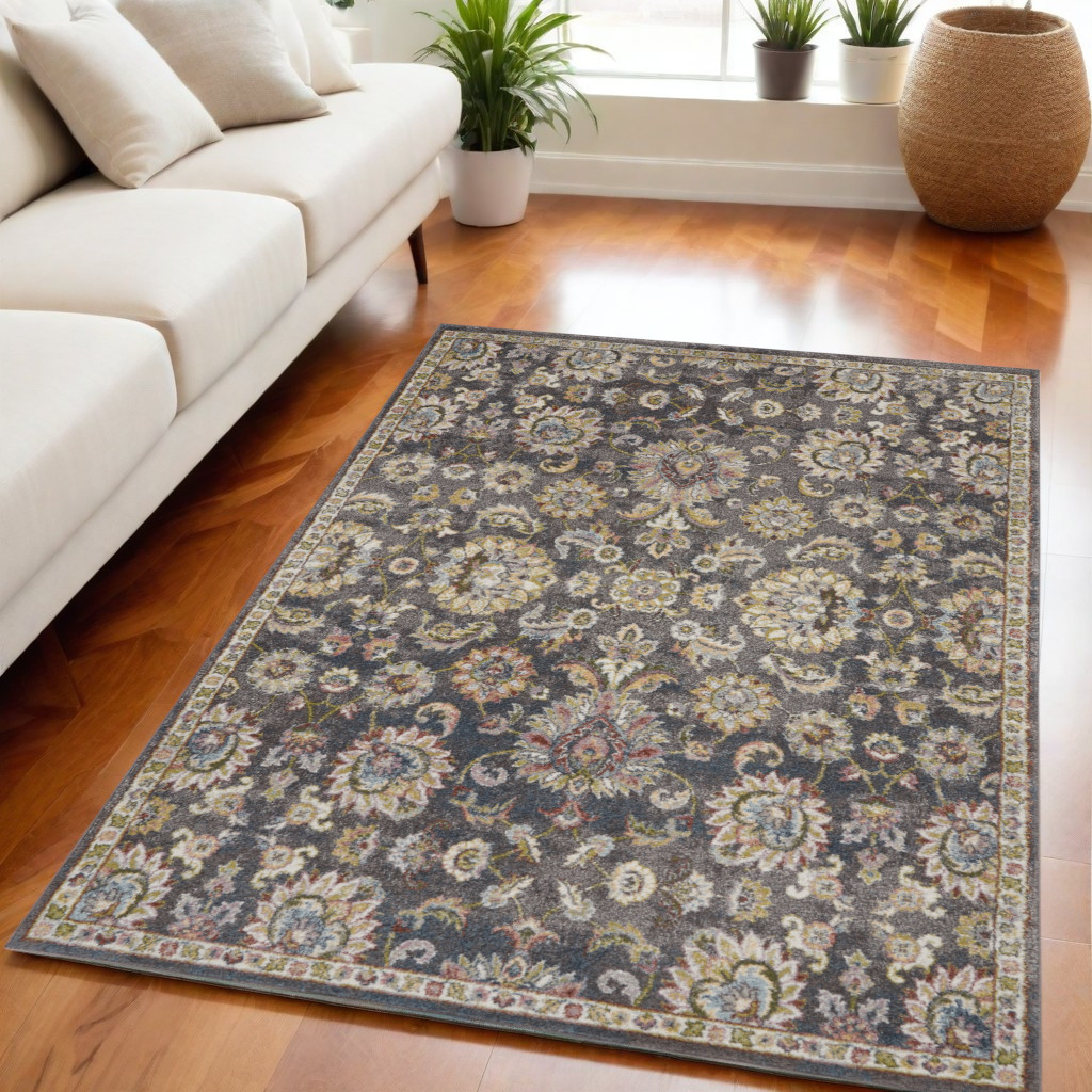 551288 5 x 7 ft. Floral Distressed Rectangle Area Rug, Charcoal, Brown & Yellow