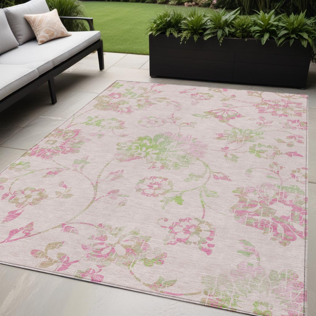 589489 5 x 8 ft. Floral Washable Indoor & Outdoor Rectangle Area Rug, Pink, Blush & Artichoke Green