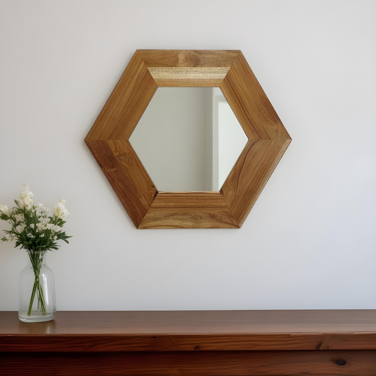 485119 19 in. Natural Hexagon Solid Wood Framed Accent Mirror