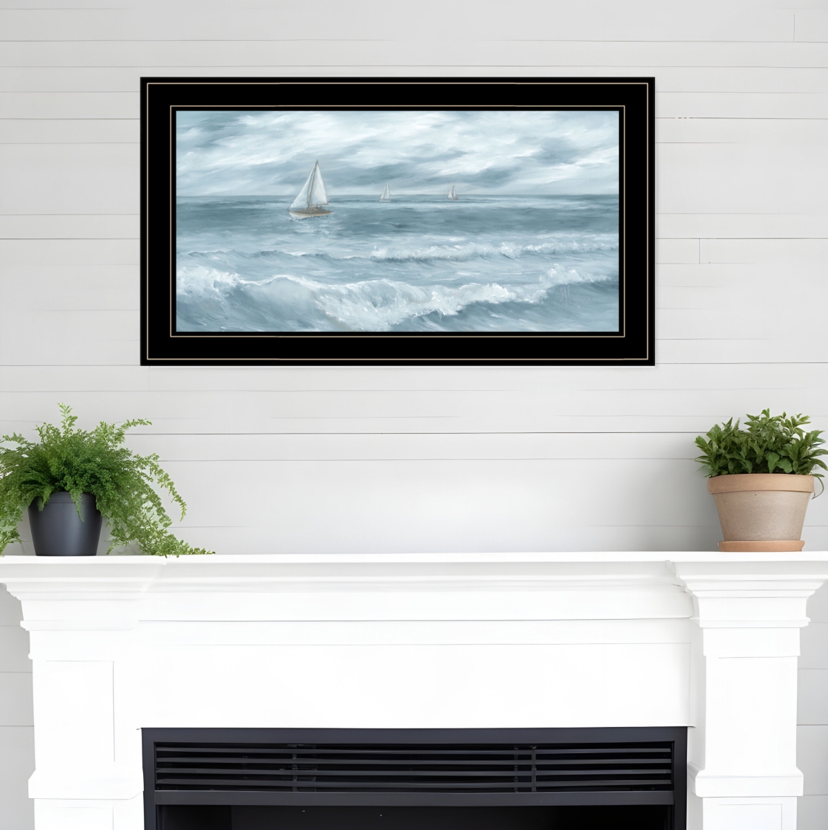 529951 Three Sailboats Black Framed Print Wall Art