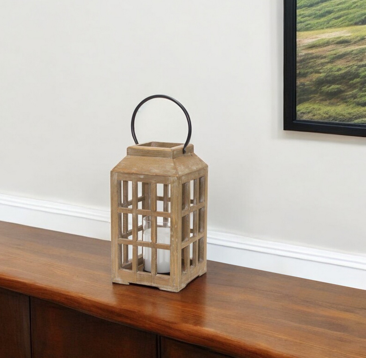 Picture of HomeRoots 517623 13 in. Natural Wood & Glass Hurrican Lantern Candle Holder