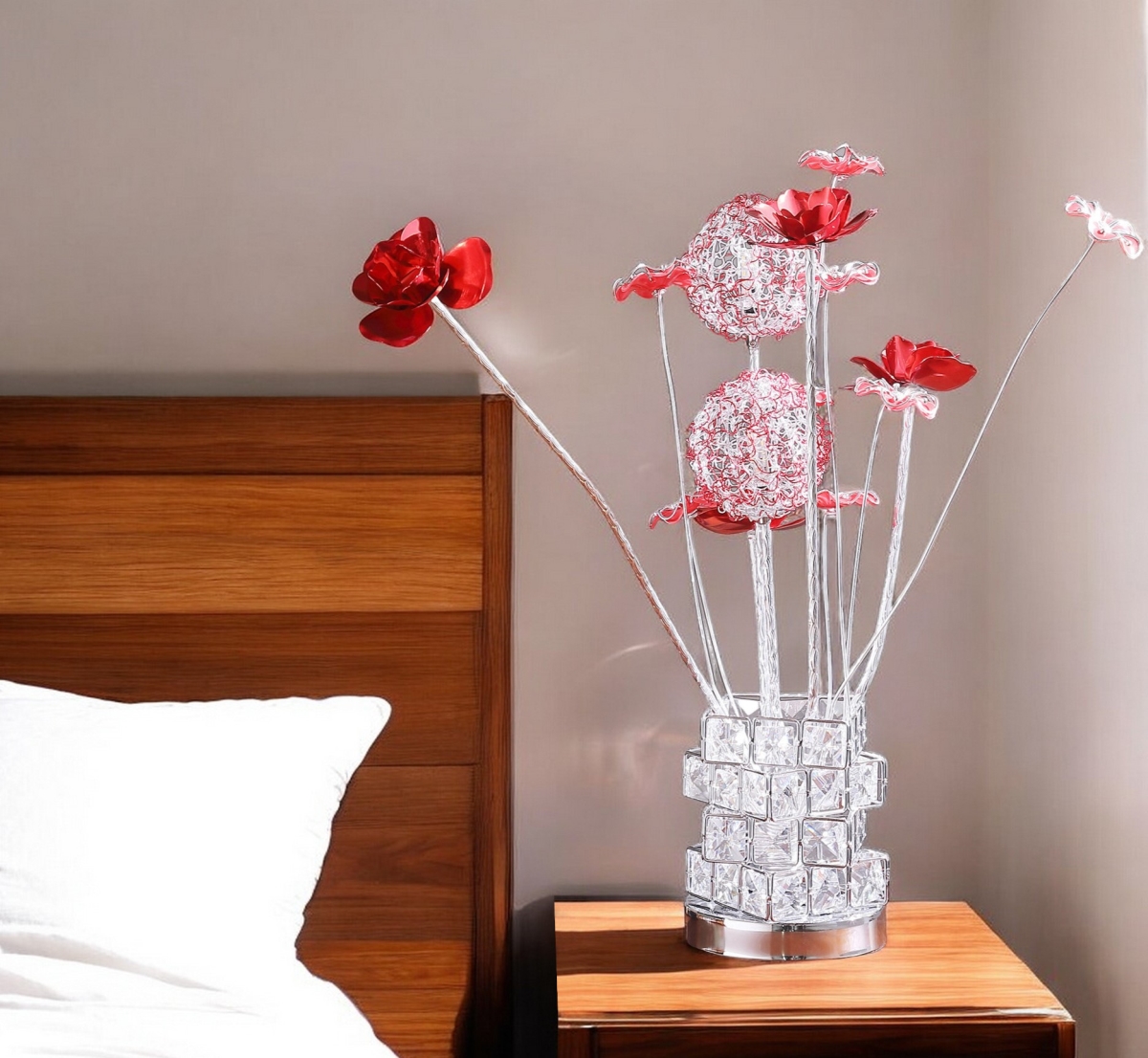 Geometric Floral Bedside Lamp - Silver & Clear - 21 in. - Elegant Design