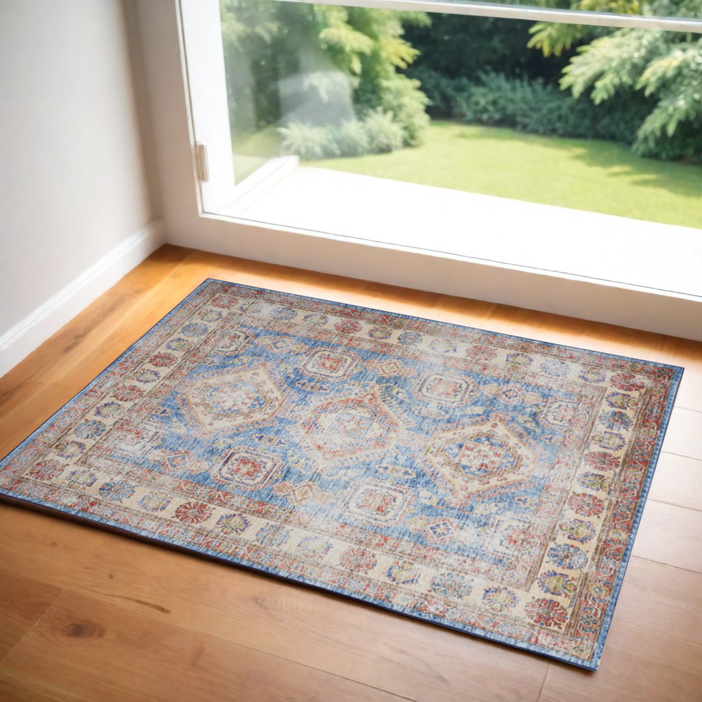 573891 2 x 3 ft. Oriental Distressed Non Skid Rectangle Area Rug, Ivory, Red & Blue
