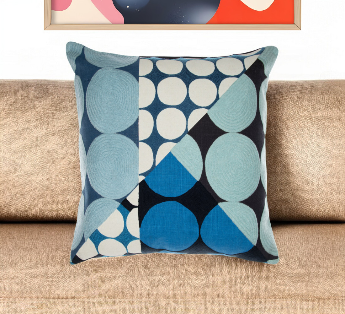 549403 24 in. Blue & Ivory Geometric Cotton Throw Pillow with Embroidery