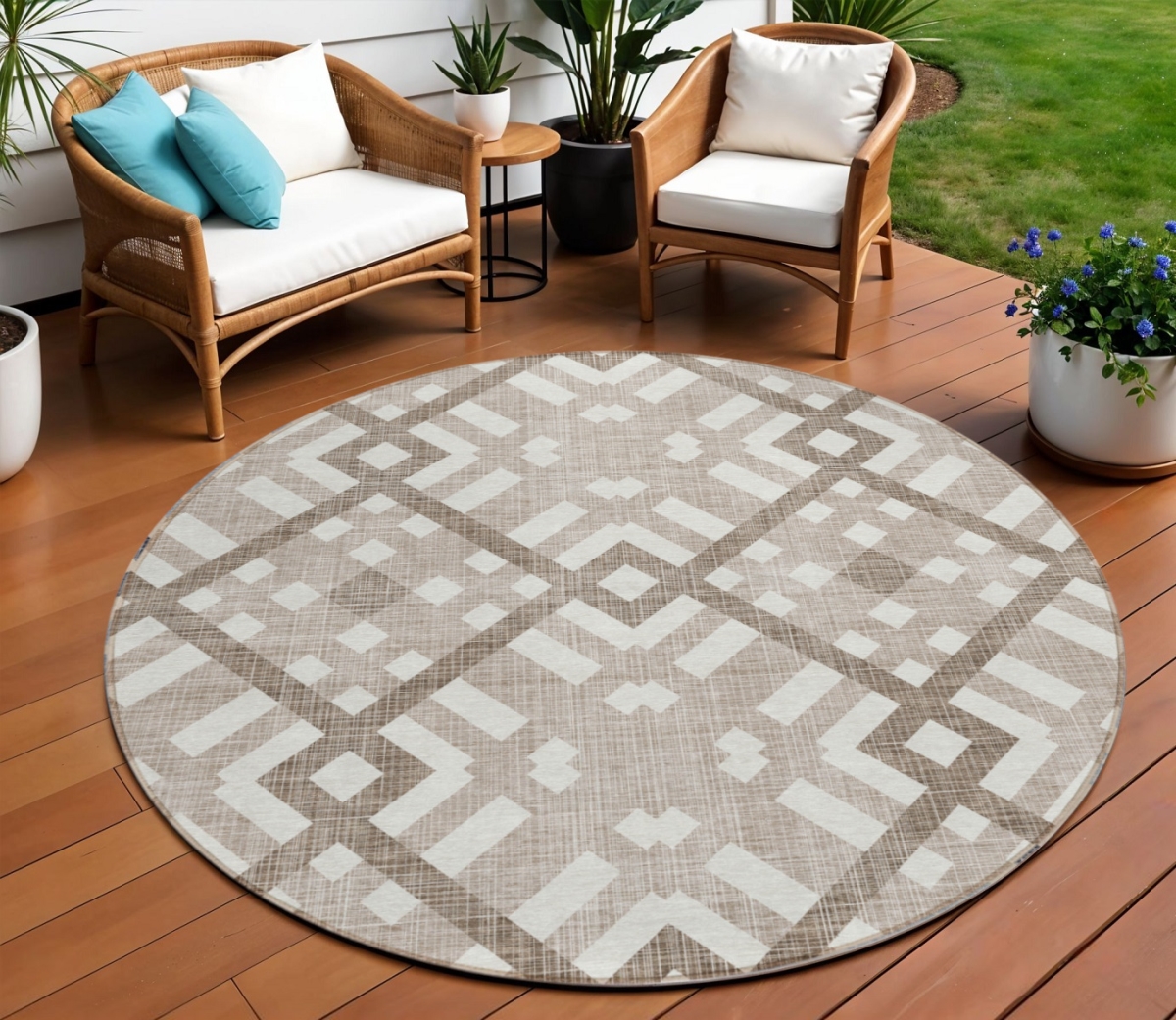 578450 8 ft. Round Geometric Washable Indoor & Outdoor Area Rug, Taupe, Brown & Ivory