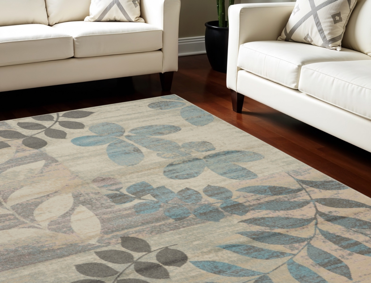 553251 7 x 10 ft. Botanical Leaves Rectangle Area Rug, Ivory, Gray & Blue