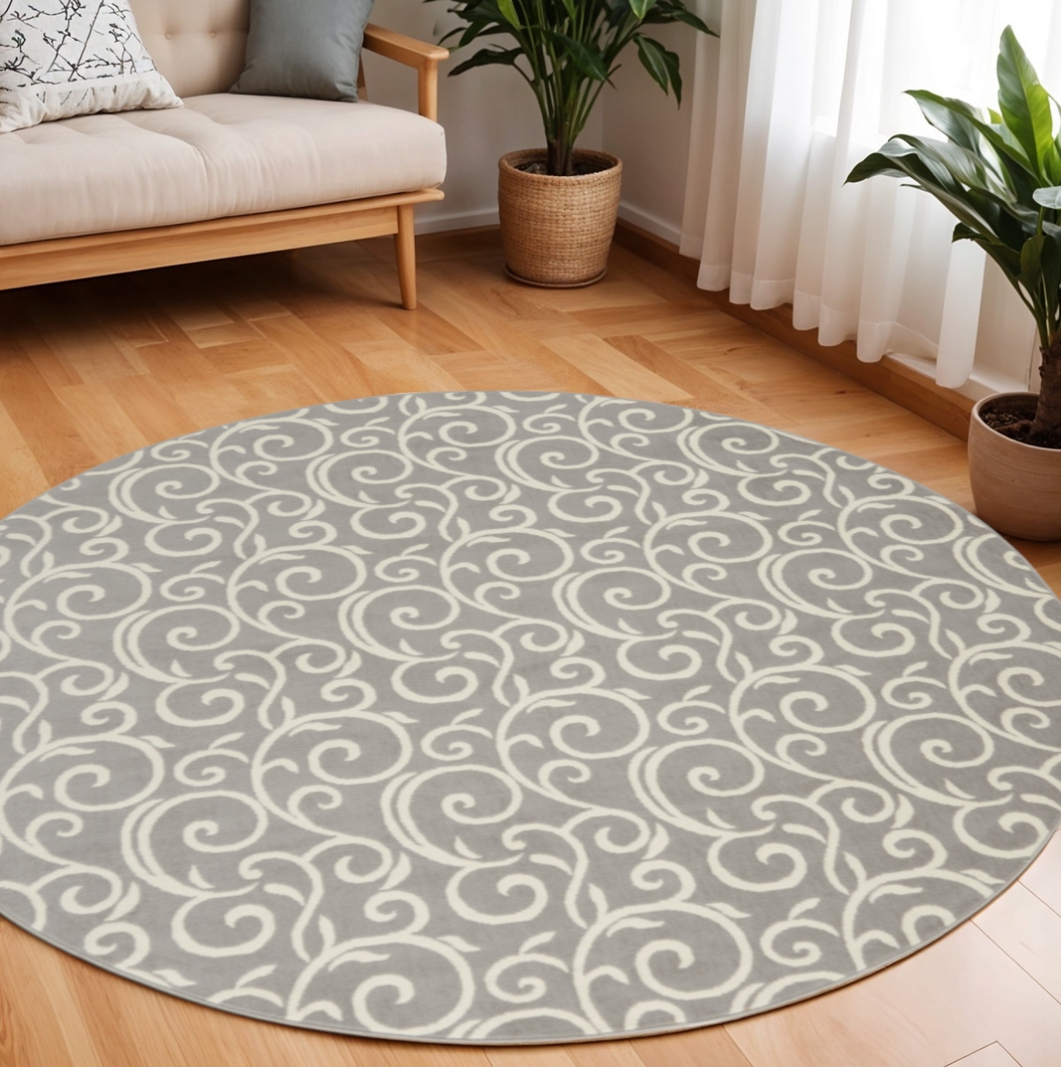 545368 8 ft. Round Floral Vines Power Loom Area Rug, Gray & Ivory