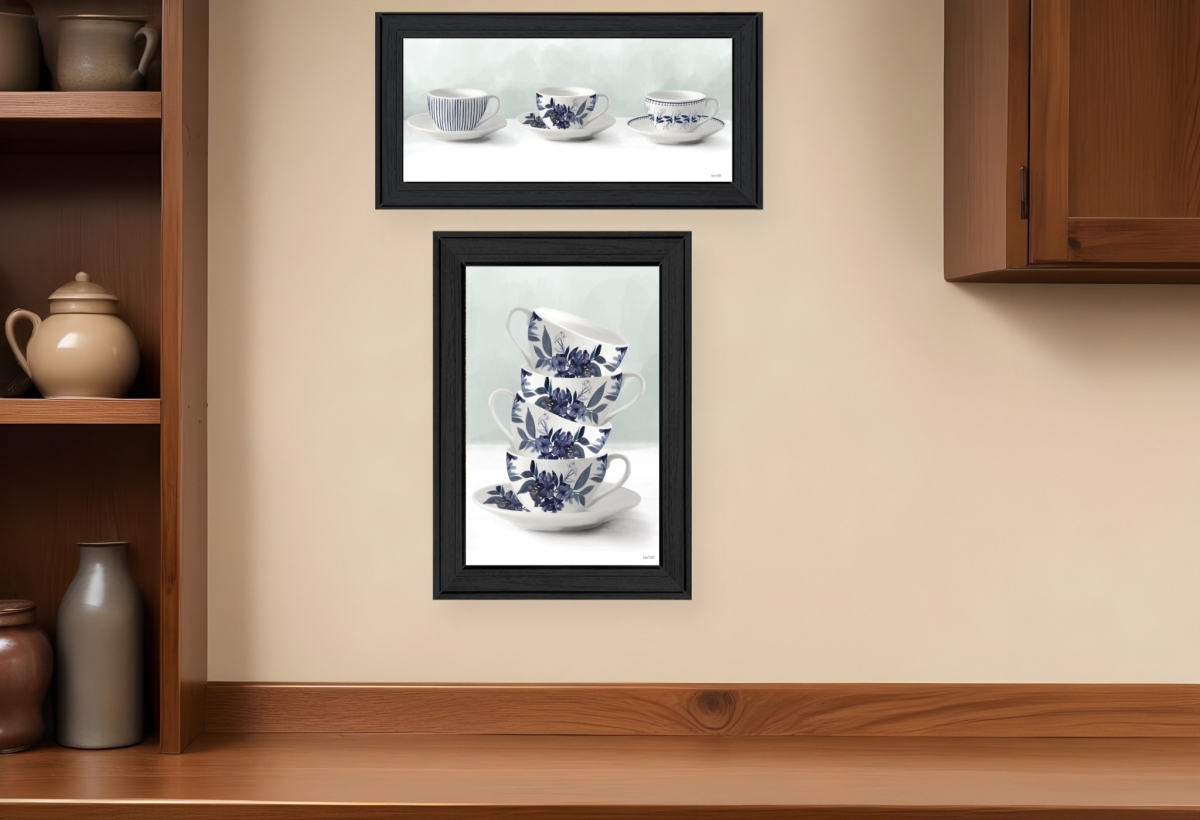 408190 Tea tower with Cups & Sauces Black Framed Print Kitchen Wall Art - Set of 2