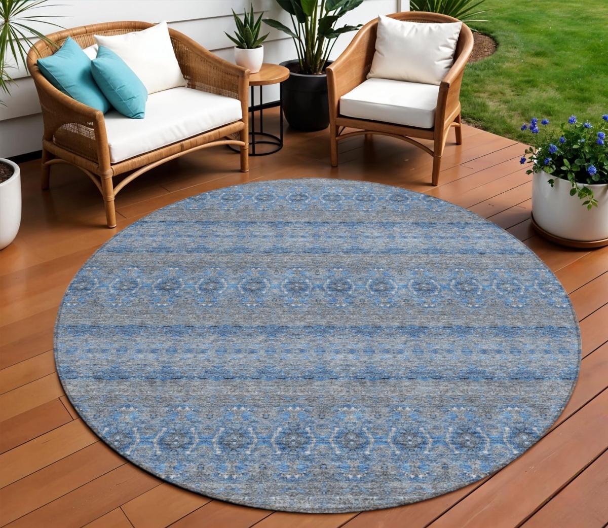 578336 8 ft. Round Floral Medallion Washable Indoor & Outdoor Area Rug, Navy Blue & Sky Blue