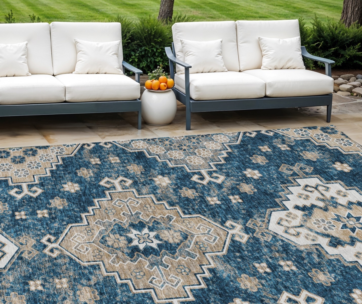 Picture of HomeRoots 589011 8 x 10 ft. Medallion Washable Indoor & Outdoor Traditional Rectangle Area Rug&#44; Navy Blue&#44; Beige & Ivory