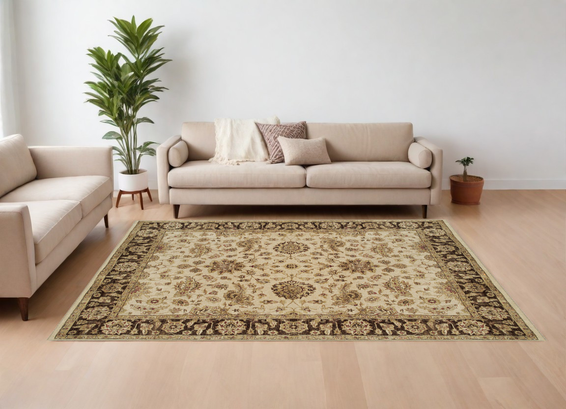 565515 8 x 10 ft. Wool Oriental Hand Knotted Rectangle Area Rug, Ivory, Brown & Gold