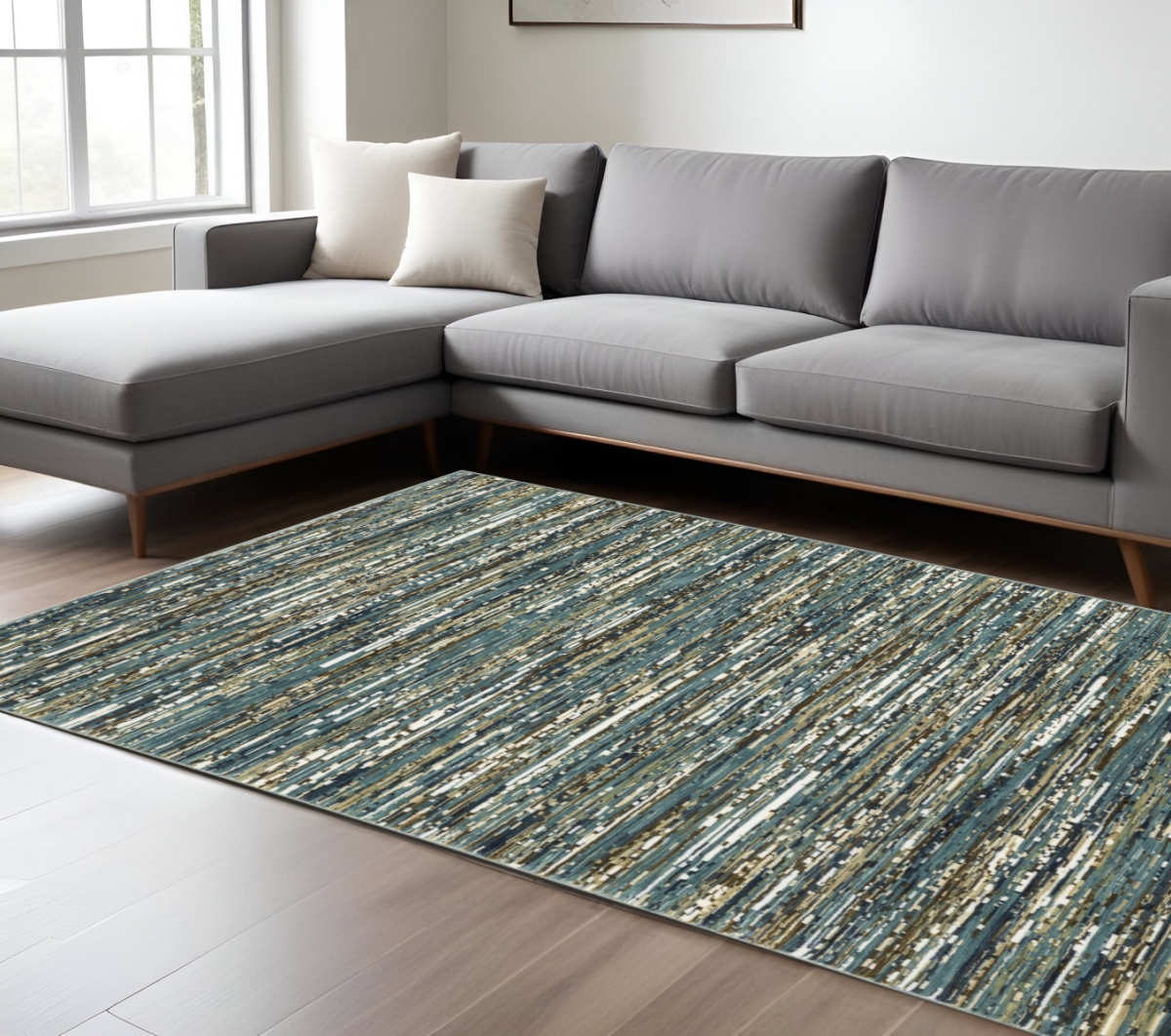 576091 8 x 11 ft. Striped Rectangle Area Rug, Blue, Brown & Ivory