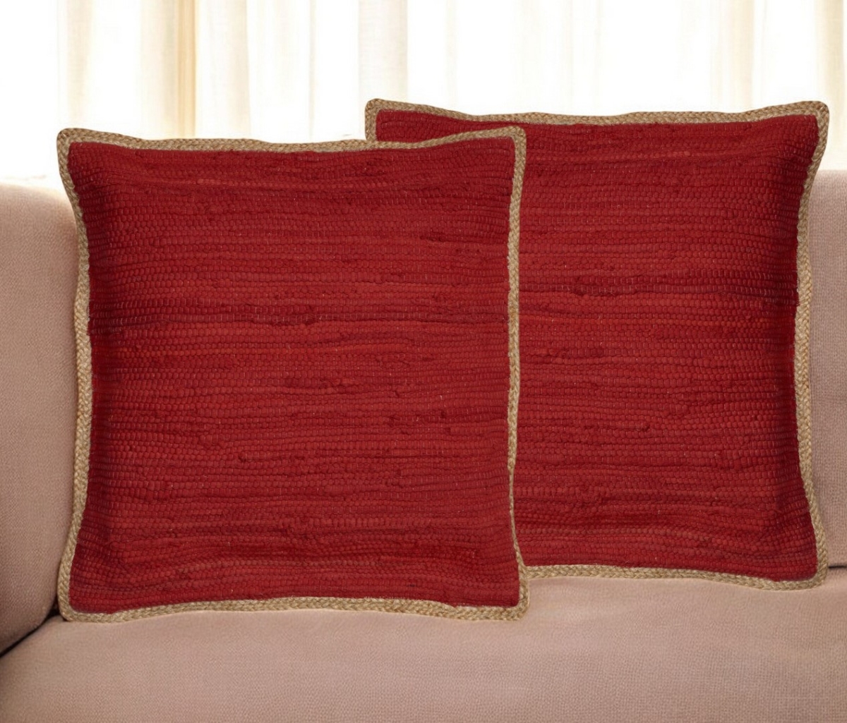 554566 20 in. Red Cotton & Jute Throw Pillows with Texture - Set of 2