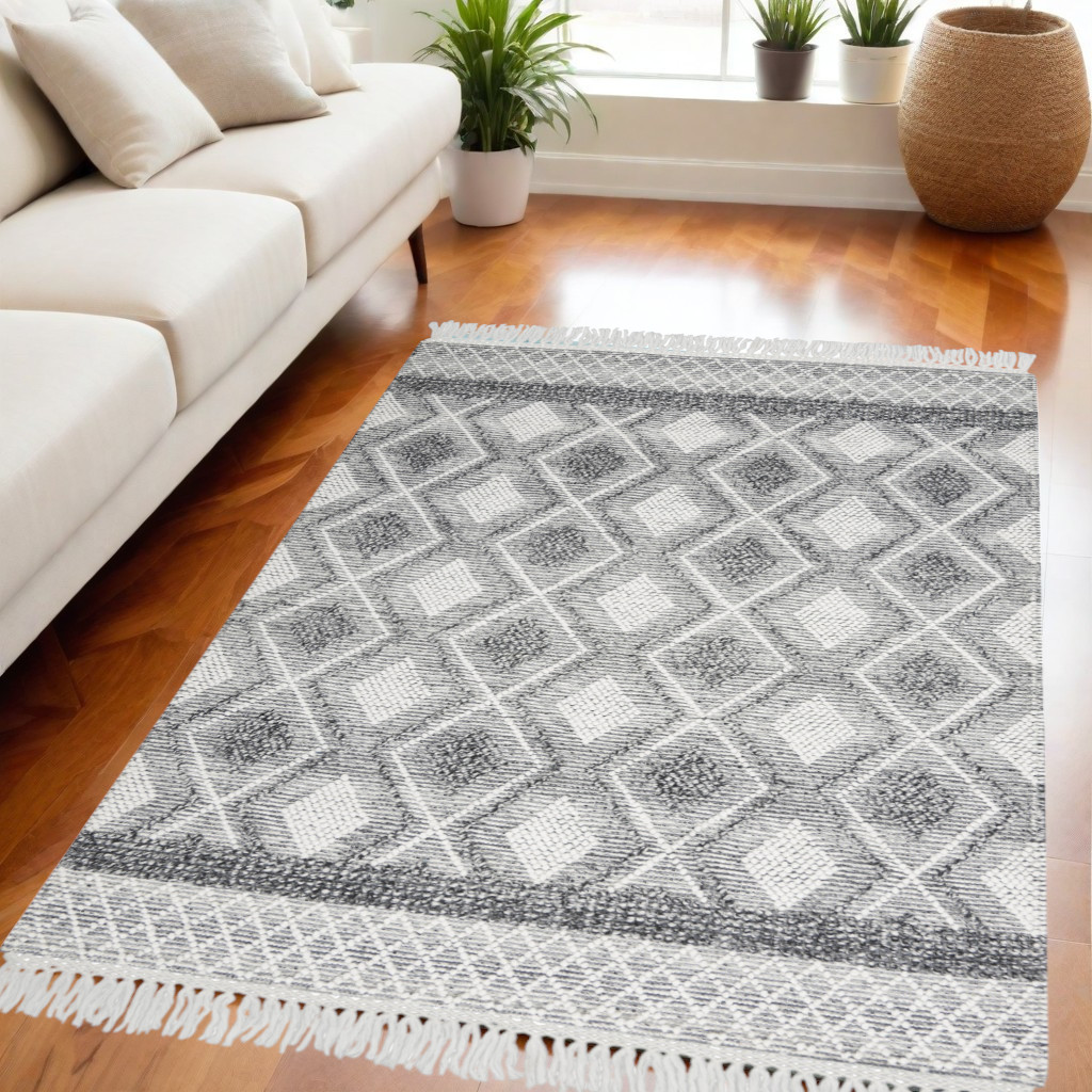 533372 5 x 8 ft. Geometric Flatweave Handmade Rectangle Area Rug with Fringe, Gray & Ivory