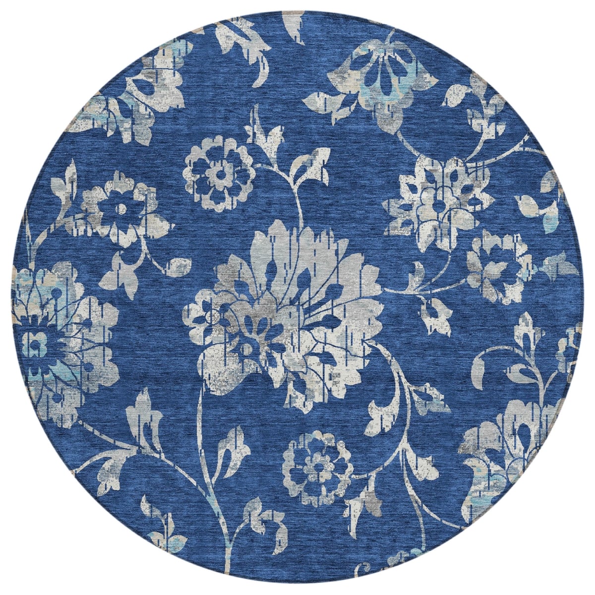 589484 8 ft. Round Floral Washable Indoor & Outdoor Area Rug, Navy Blue & Gray