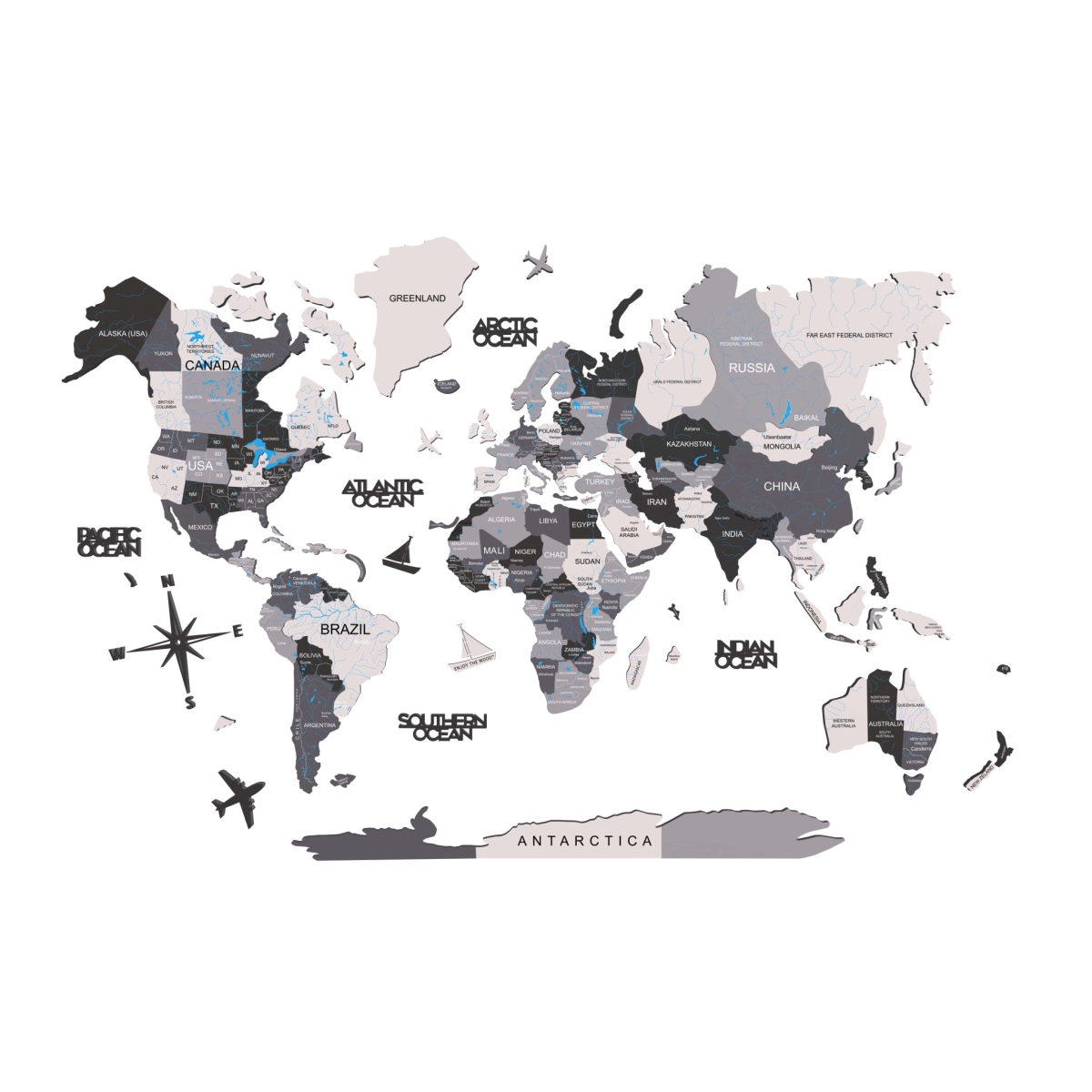 Picture of HomeRoots 521593 35 x 59 in. Black Gray & White Wood World Map Hanging Dimensional Sculpture