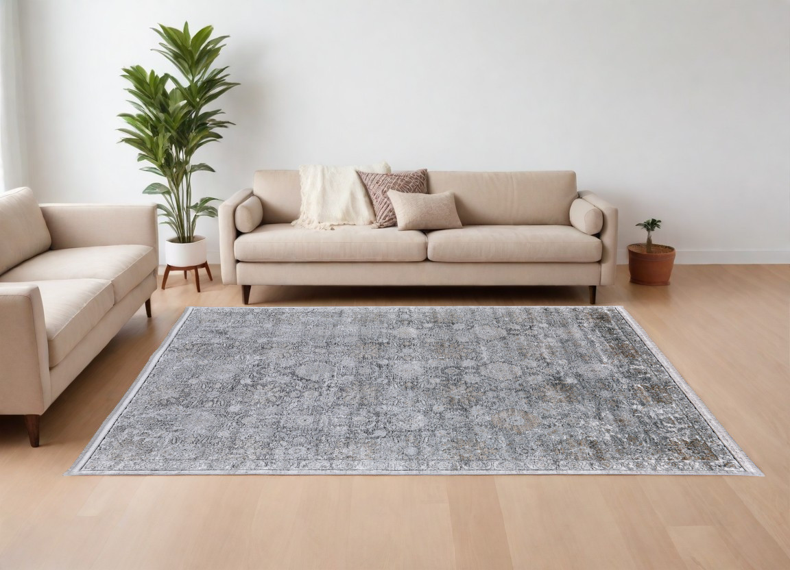 566352 8 x 10 ft. Damask Power Loom Worn Faded Rectangle Area Rug, Gray & Silver