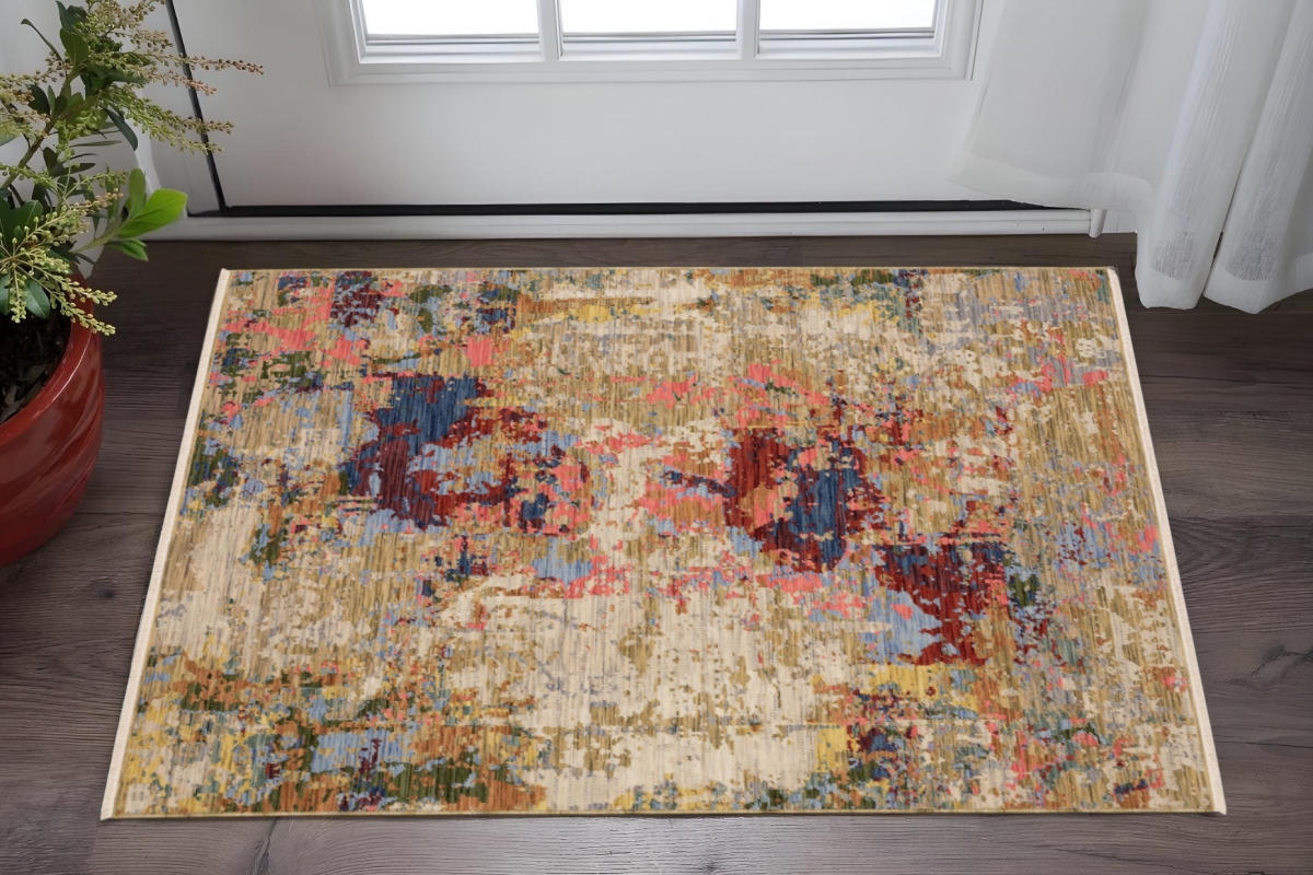 575196 2 x 3 ft. Abstract Rectangle Area Rug with Fringe, Beige, Red & Blue