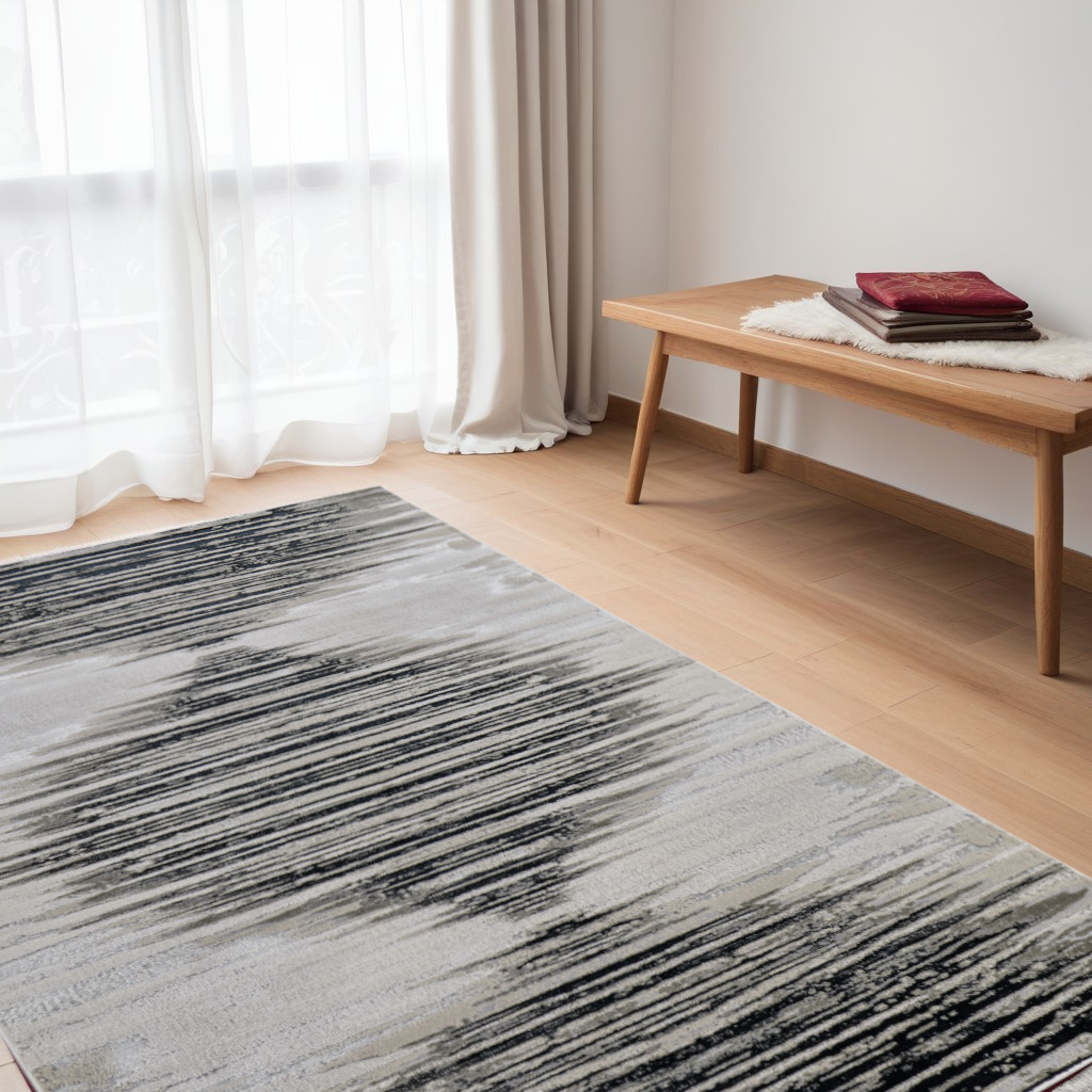 565815 5 x 8 ft. Geometric Power Loom Rectangle Area Rug, Black & Silver