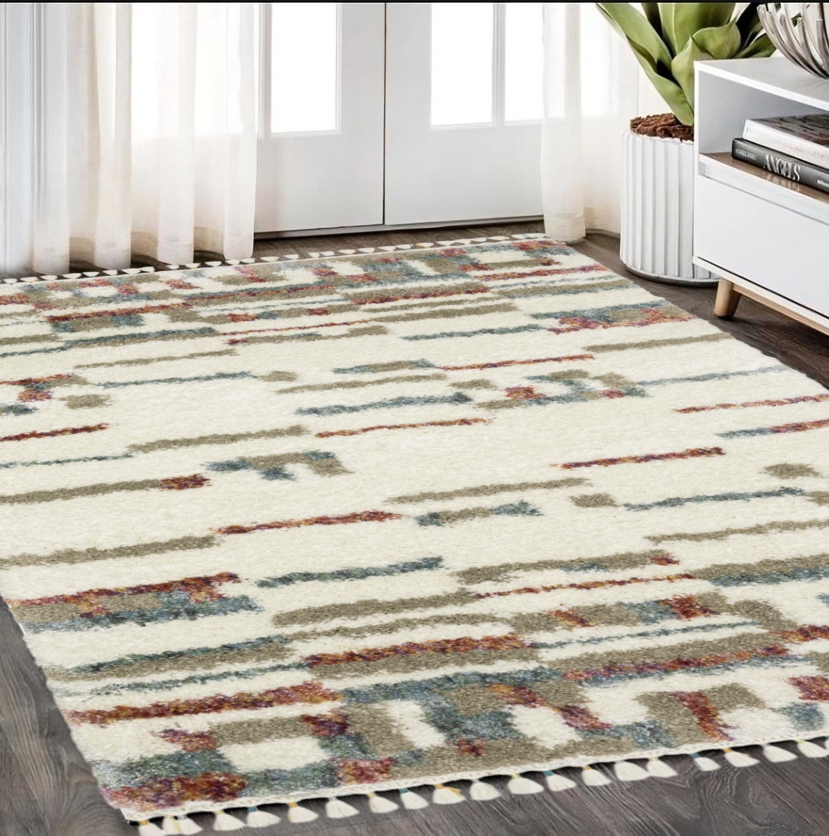 574650 5 x 8 ft. Abstract Shag Distressed Rectangle Area Rug with Fringe, Tan, Gray & Ivory