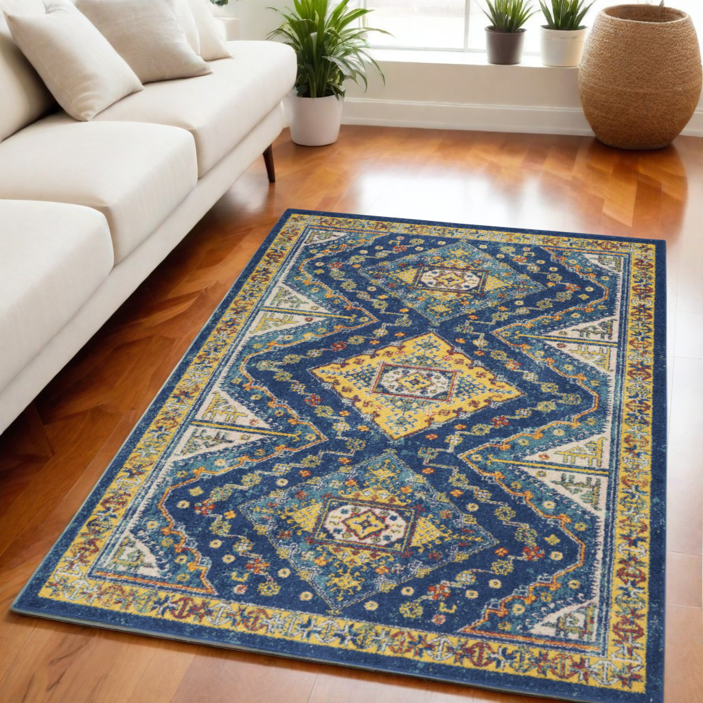 550293 5 x 7 ft. Geometric Power Loom Rectangle Area Rug, Blue & Yellow
