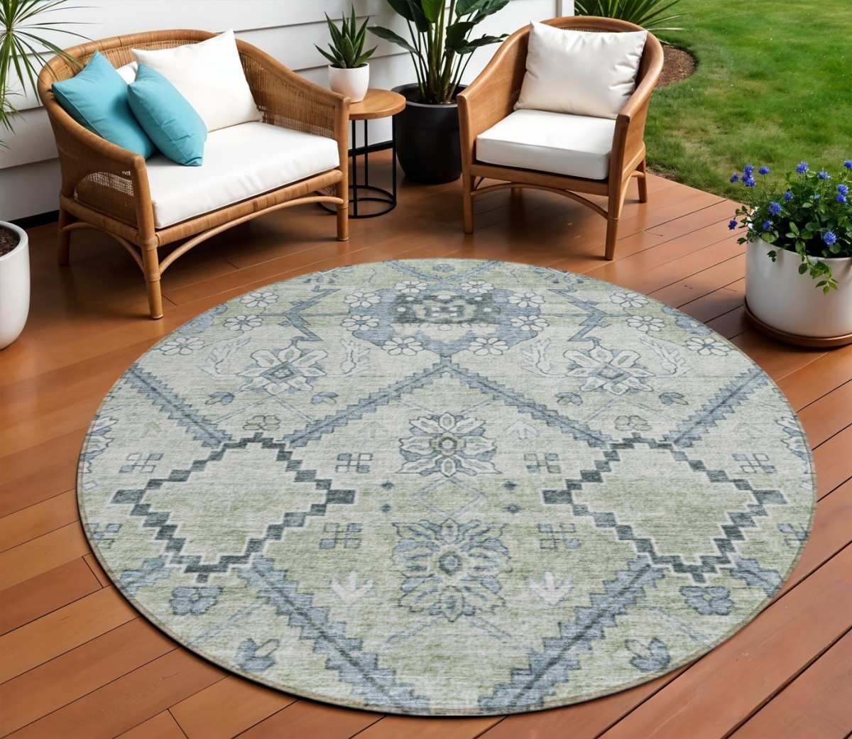588854 8 ft. Round Floral Washable Indoor & Outdoor Area Rug, Artichoke Green, Denim Blue & Silver