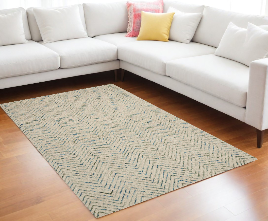 553385 8 x 12 ft. Wool Chevron Rectangle Area Rug, Ivory, Blue & Green