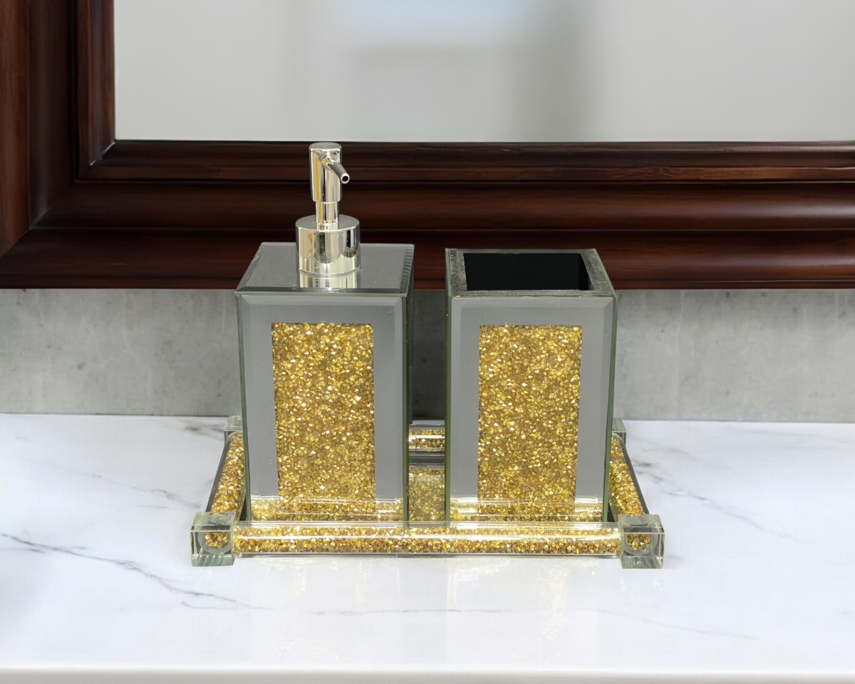 Picture of HomeRoots 571663 3 Piece Clear & Gold Mirrored Glass Bling Bathroom Accessory Set
