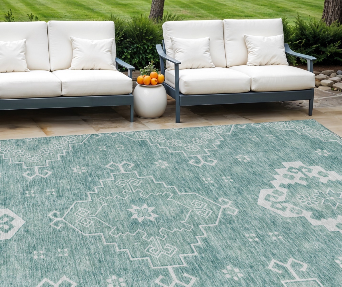 Picture of HomeRoots 589030 9 x 12 ft. Medallion Washable Indoor & Outdoor Traditional Rectangle Area Rug&#44; Aqua&#44; Teal Blue & Ivory