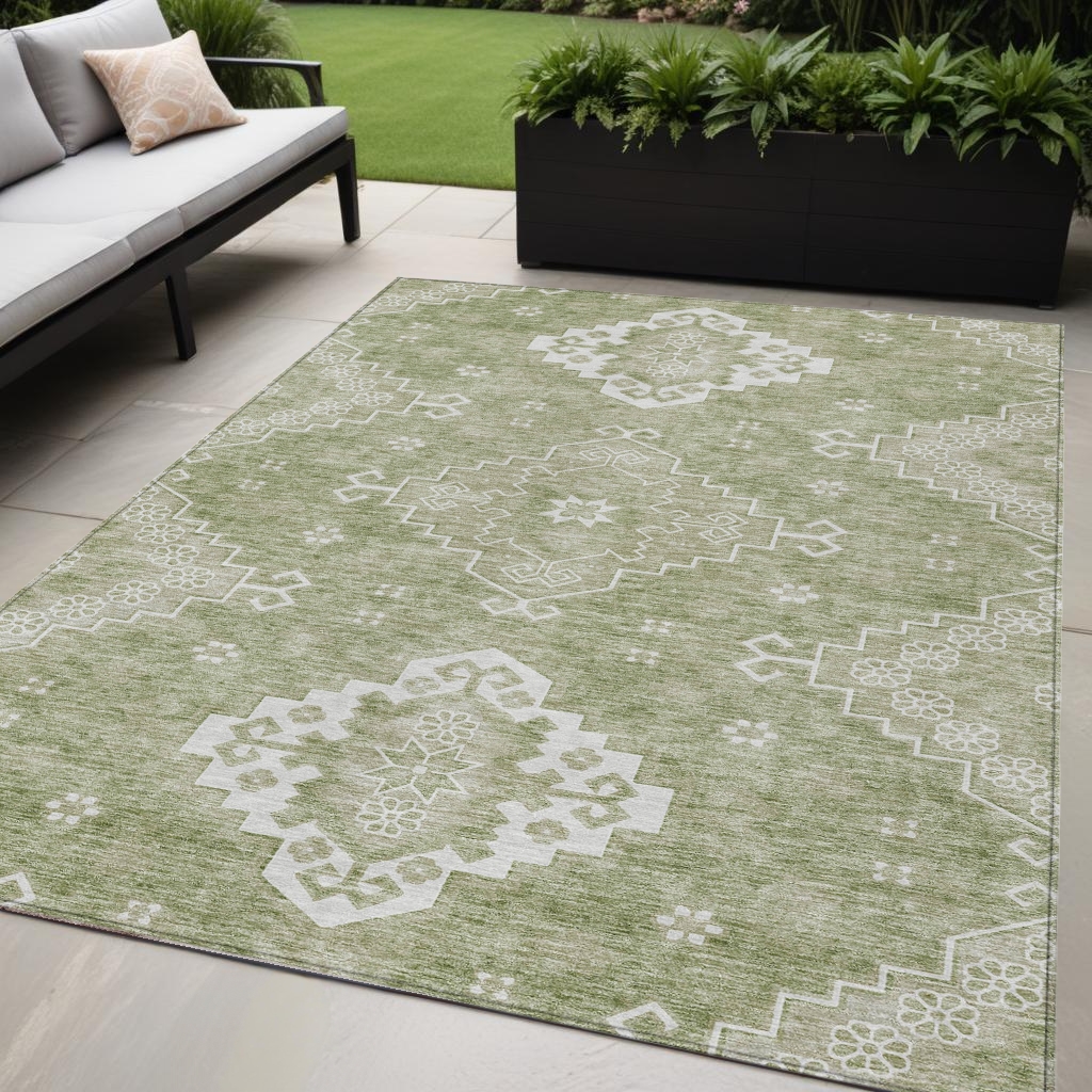 Picture of HomeRoots 589021 5 x 8 ft. Medallion Washable Indoor & Outdoor Traditional Rectangle Area Rug&#44; Artichoke Green&#44; Beige & Ivory