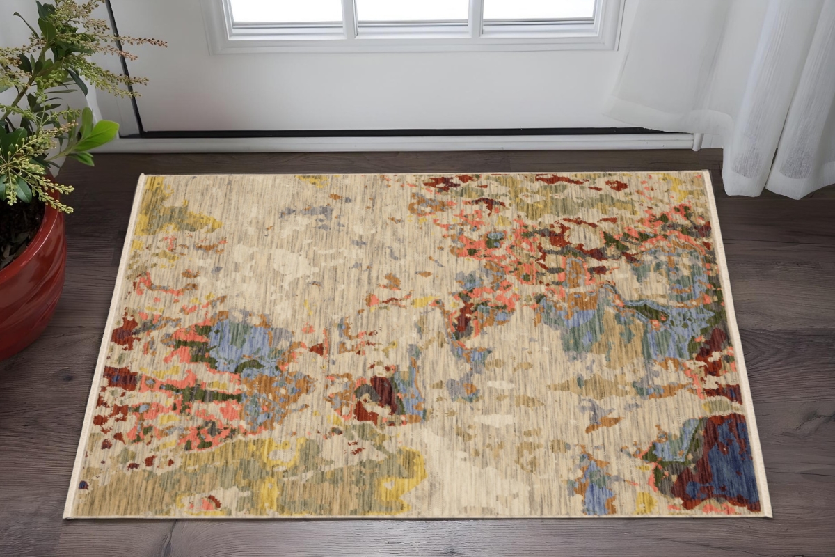 575199 2 x 3 ft. Abstract Rectangle Area Rug with Fringe, Beige & Red