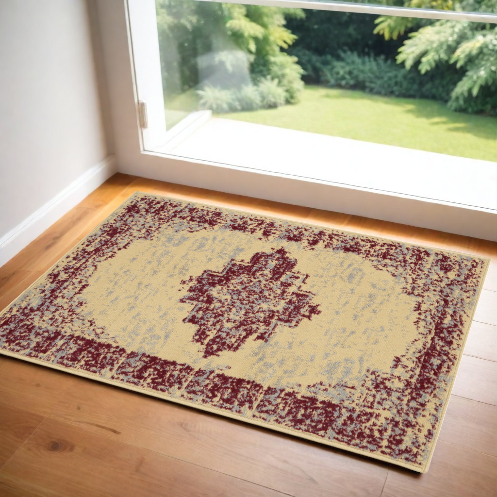 546085 3 x 5 ft. Medallion Distressed Non Skid Rectangle Area Rug, Cream, Gray & Red