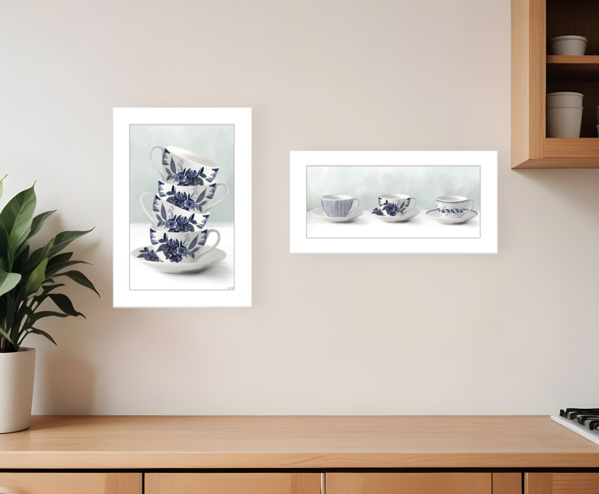 408189 Tea Tower with Cups & Sauces White Framed Print Kitchen Wall Art - Set of 2